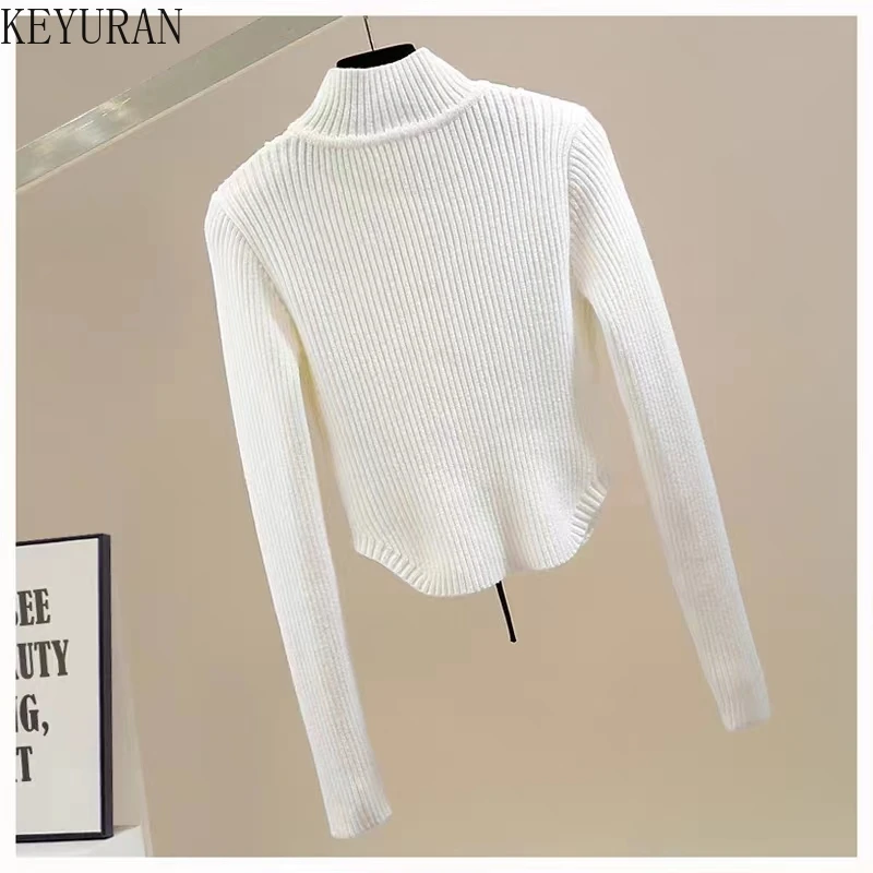 Irregular Sweet Three-dimensional Flower Sweater Women 2023 Autumn Fashion High Neck Long Sleeve Slim Fitting Short Knitted Tops