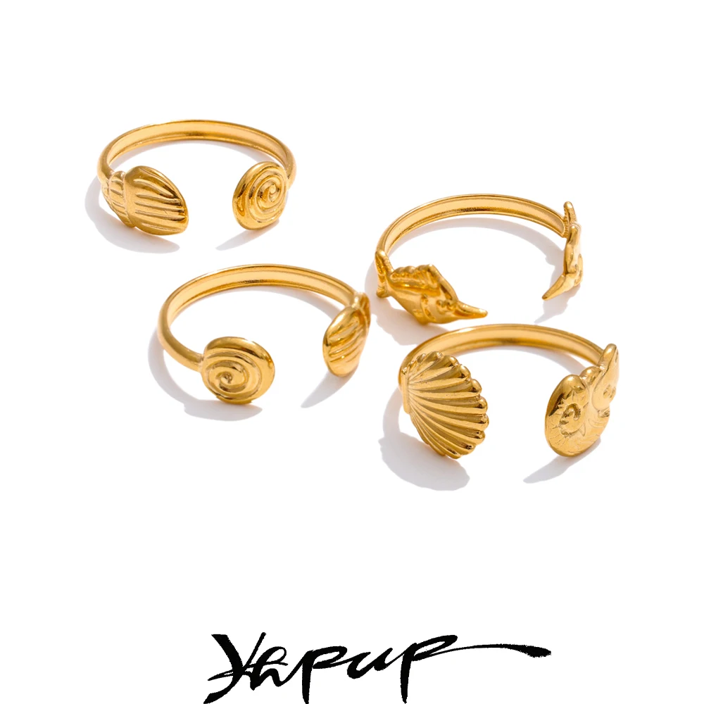 Yhpup Adjustable Ocean Seashell Conch Fish Pattern Open Ring Wholesale 18K Golden Plated Stainless Steel Personalized Jewelry