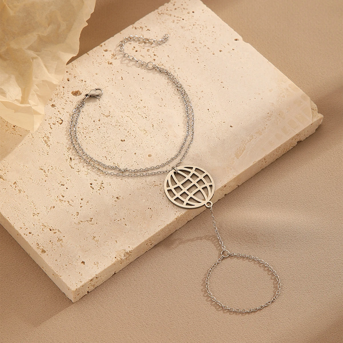 كينيتيال الأرض البنصر سوار الفولاذ المقاوم للصدأ سلسلة اليد سوار متصلة الاصبع للنساء الفتيات مجوهرات بسيطة