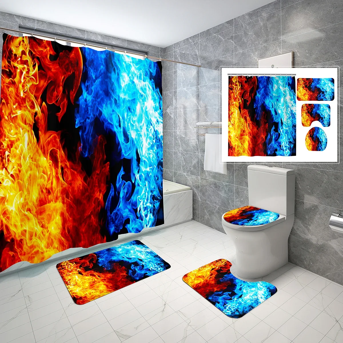 

4 Pcs Ice and Fire Shower Curtain Sets Artistic Flame Splashing Water Non-slip Bath Mat Toilet Lid Waterproof Shower Curtain Set