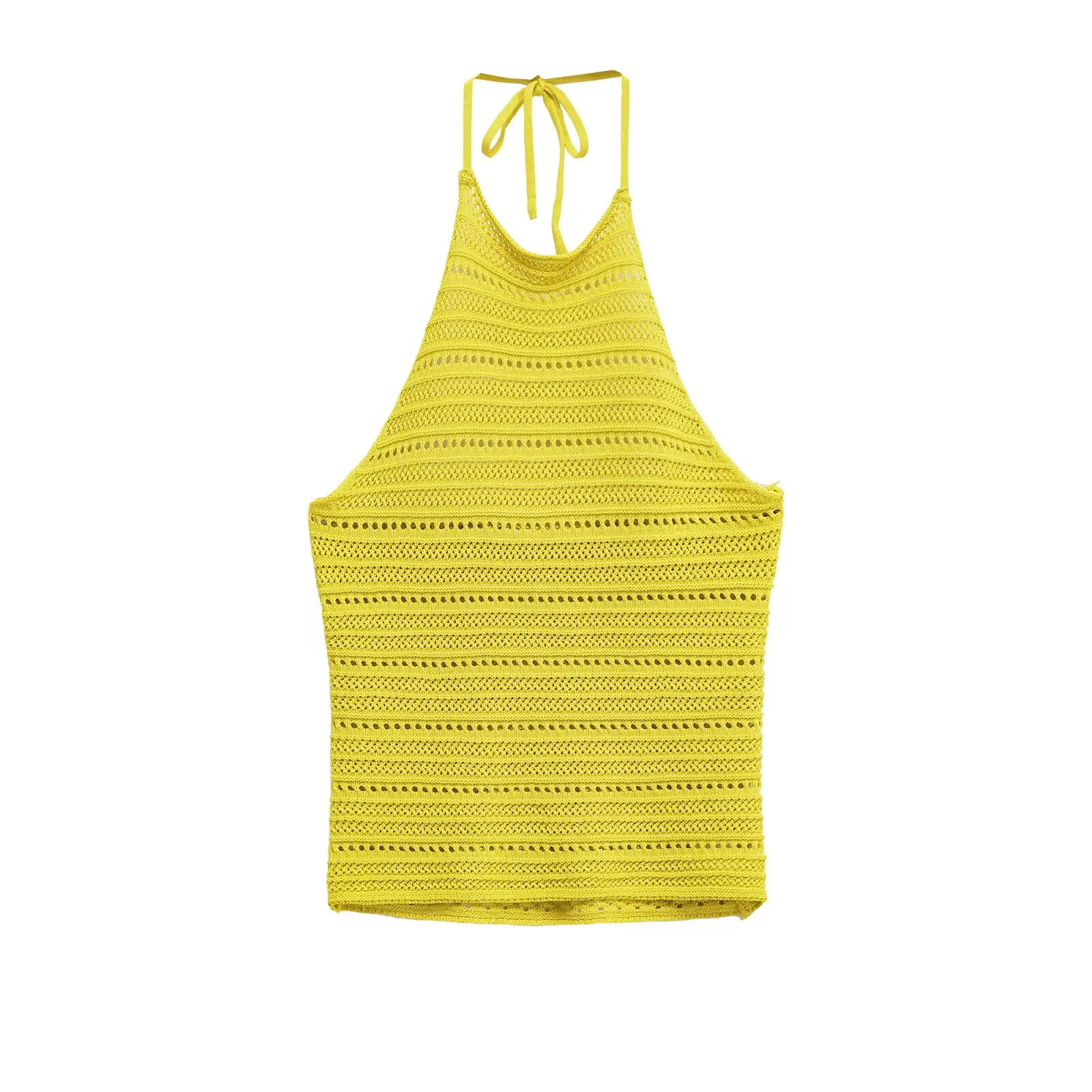 

Jenny&dave2026 Summer T-shirt French Romantic Knitted Hollow Yellow Suspender Top Beach Vacation Sexy Backless T-shirt For Women