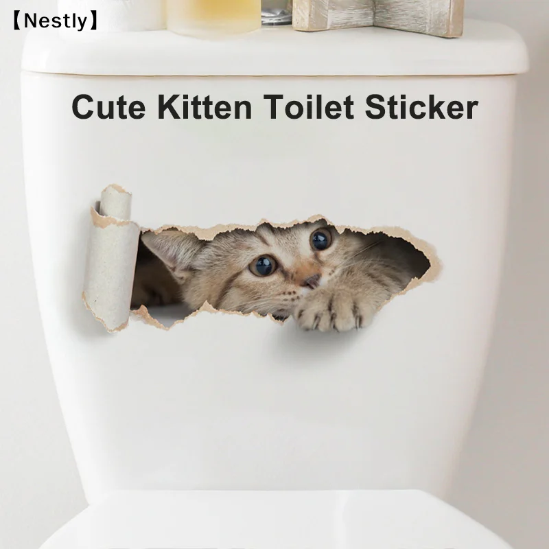 Tearable Peeping Kitten Toilet Sticker 3D Effect Bathroom Toilet Seat Waterproof Sticker Home Decoration Self-adhesive〔Nest〕