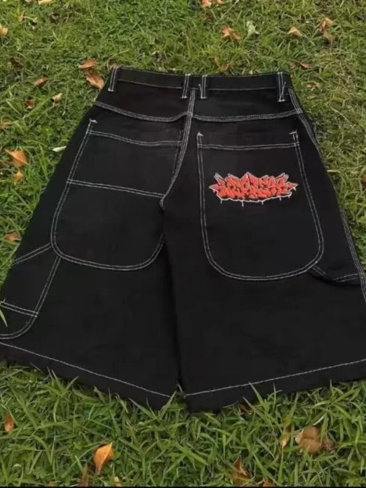 

Hip Hop Style Embroidery Wide Short Jeans HOUZHOU Vintage Y2k Black Jorts Oversized Women Female Streetwear Baggy Denim Shorts