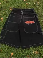 Hip Hop Style Embroidery Wide Short Jeans HOUZHOU Vintage Y2k Black Jorts Oversized Women Female Streetwear Baggy Denim Shorts