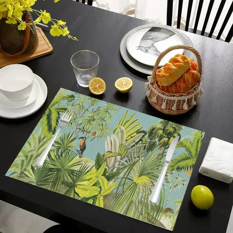 VIKAMA Placemat Tropical Toucan Plants Print, Waterproof Oil-Proof Heat-Resistant Woven Dining Table Mat for Home