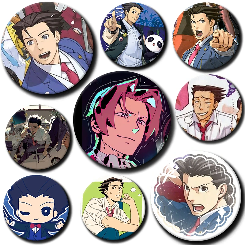 58mm Maya Fey Miles Edgeworth Cartoon Badge Anime Phoenix Wright Ace Attorney Trilogy Brooches Pins for Backpack Accessories