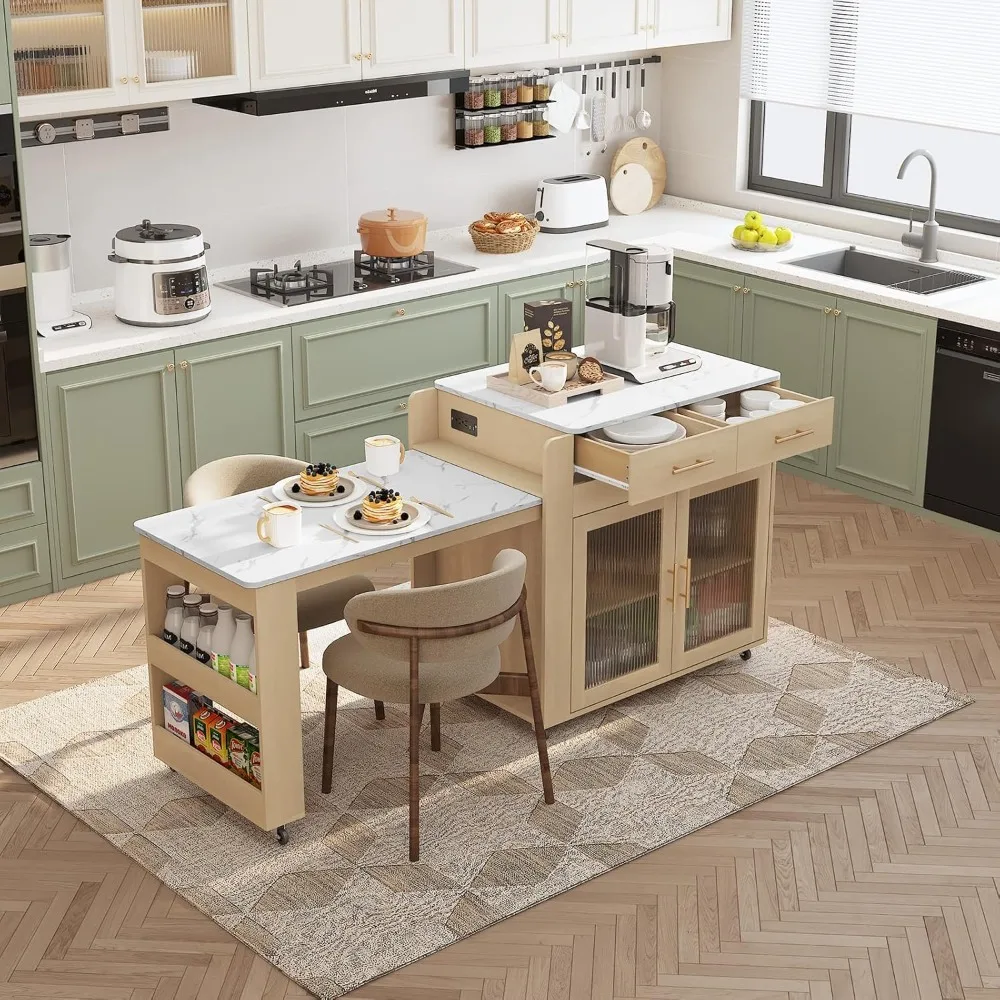 

72" Kitchen Island with Extendable Dining Table, Marble Grain Top Storage Islands with Power Outlet, Rolling Cart, Customized