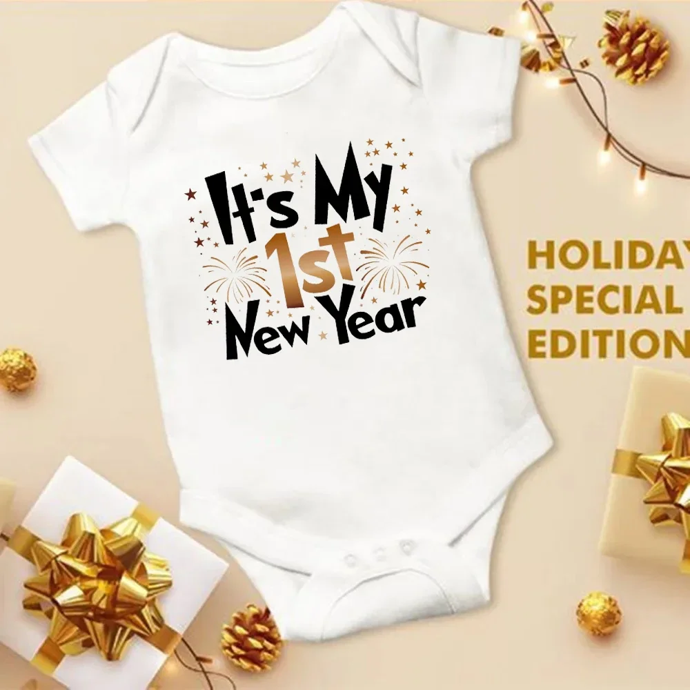 My 1st New Year Infant Bodysuits White Body Baby Clothes New Year Party Boys Girls Romper Short Sleeve Newborn Jumpsuit Outfits