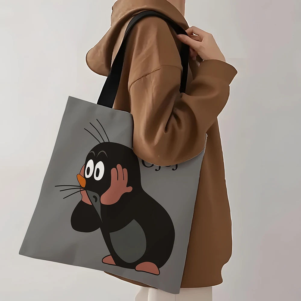 1 Pcs Cute Mole Cartoon Tote Bag - Reusable Large Capacity Shopping Bag for Daily Use, Grocery, Travel & Work (Gray) image 3