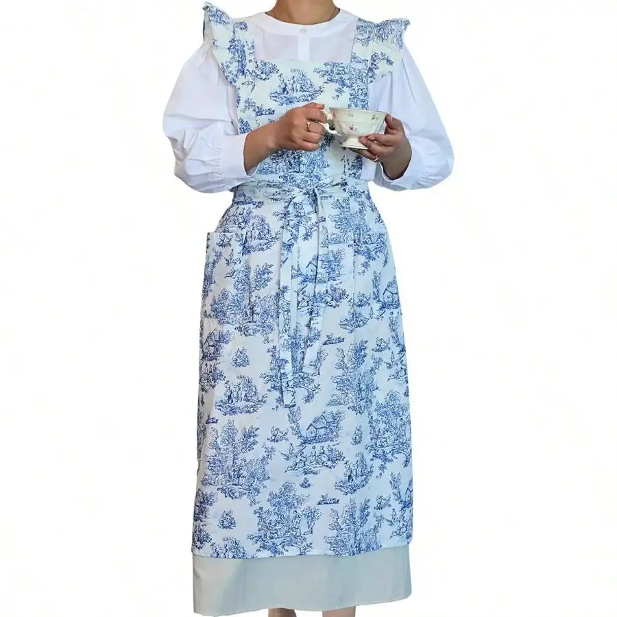 

Toile Back Apron Women With Pockets - Repellent Cotton Ruffle Aprons - Cute Pinafore Kitchen Apron