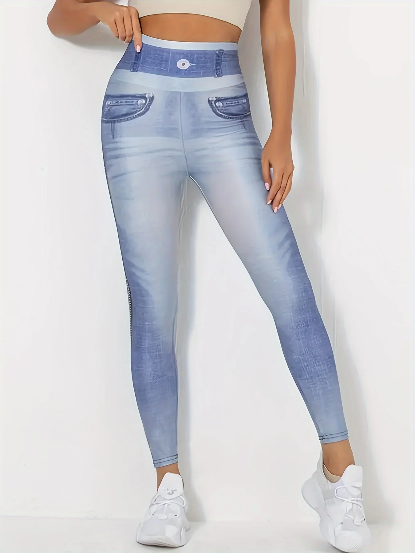 Брюки для йоги из искусственного денима с эластичными леггинсами с принтом для бега и тренировок для женщин