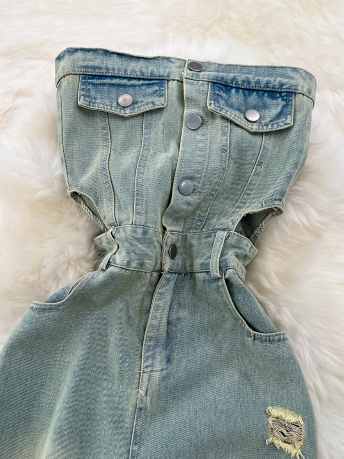 American Retro Summer High Waist Slimming Denim Wide Leg Pants  Bandeau Baring Waist Women's Jumpsuit Casual Hole