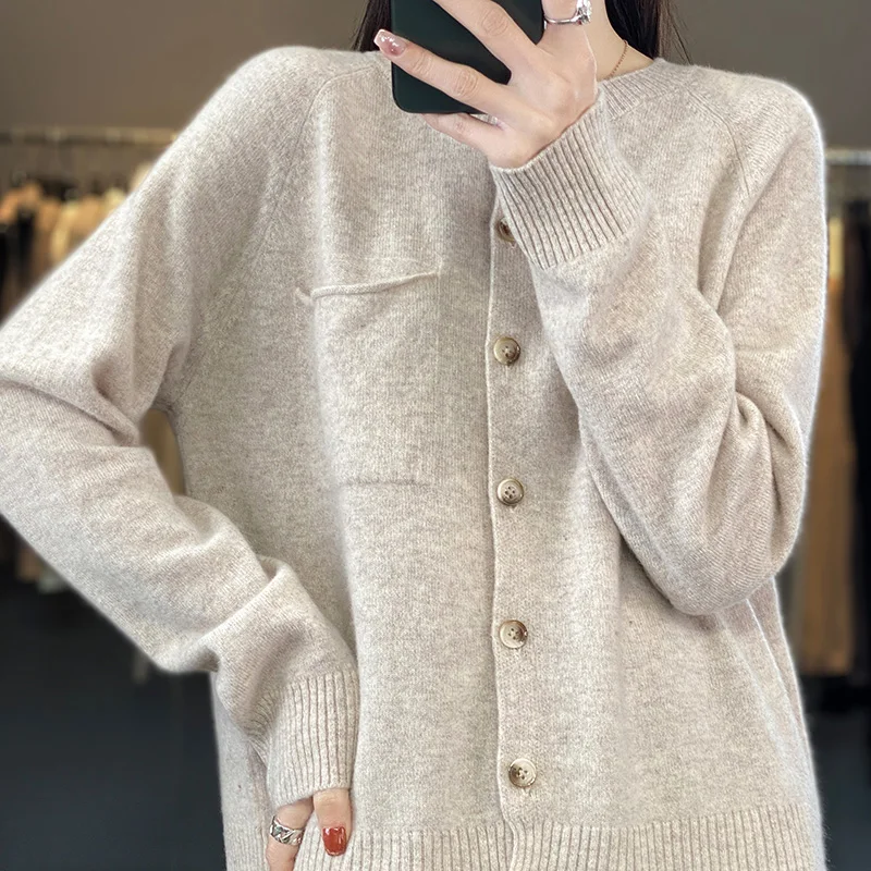 

Spring Autumn women's classic 100% wool cardigan round neck knitted long sleeved button pocket sweater casual high-quality top
