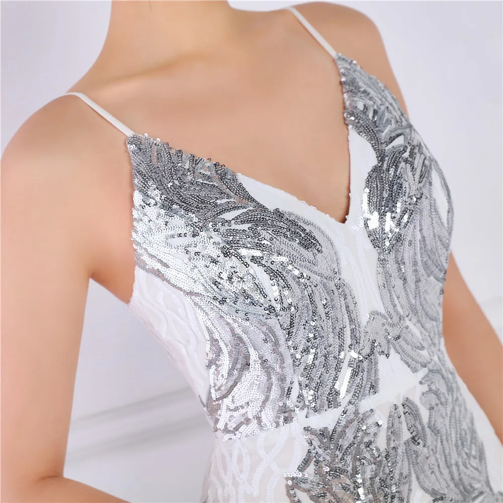 DEERVEADO Mermaid V Neck Sequin Evening Dresses 2022 New Elegant Women White Formal Dress Evening Party Gown K18800