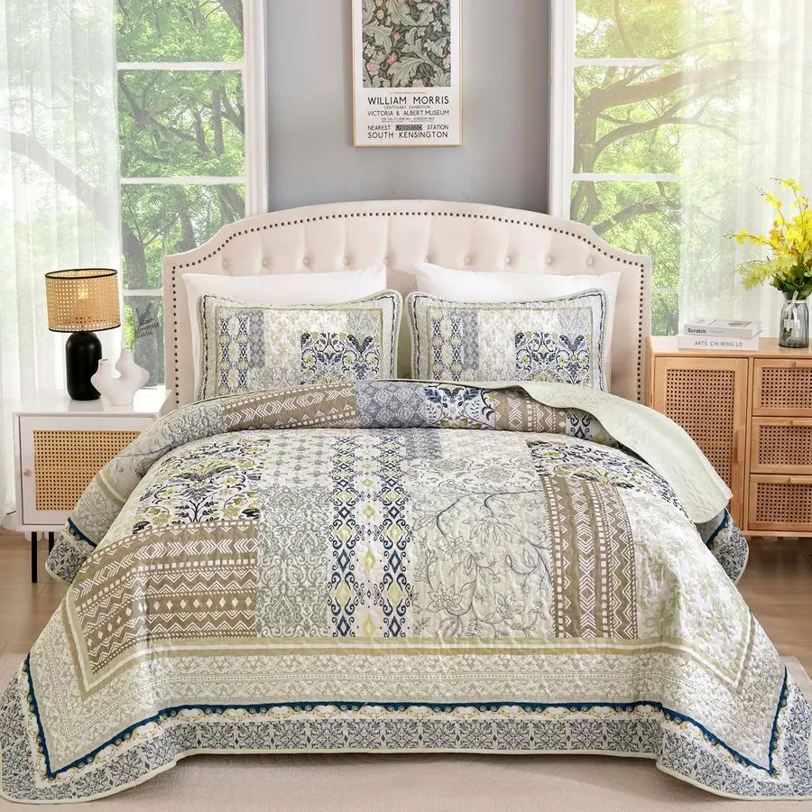 

Boho Quilt Set King, 3 Pieces Beige Patchwork Bedspread Coverlet Set,Soft Lightweight Microfiber Bohemian Floral Pattern Bedding