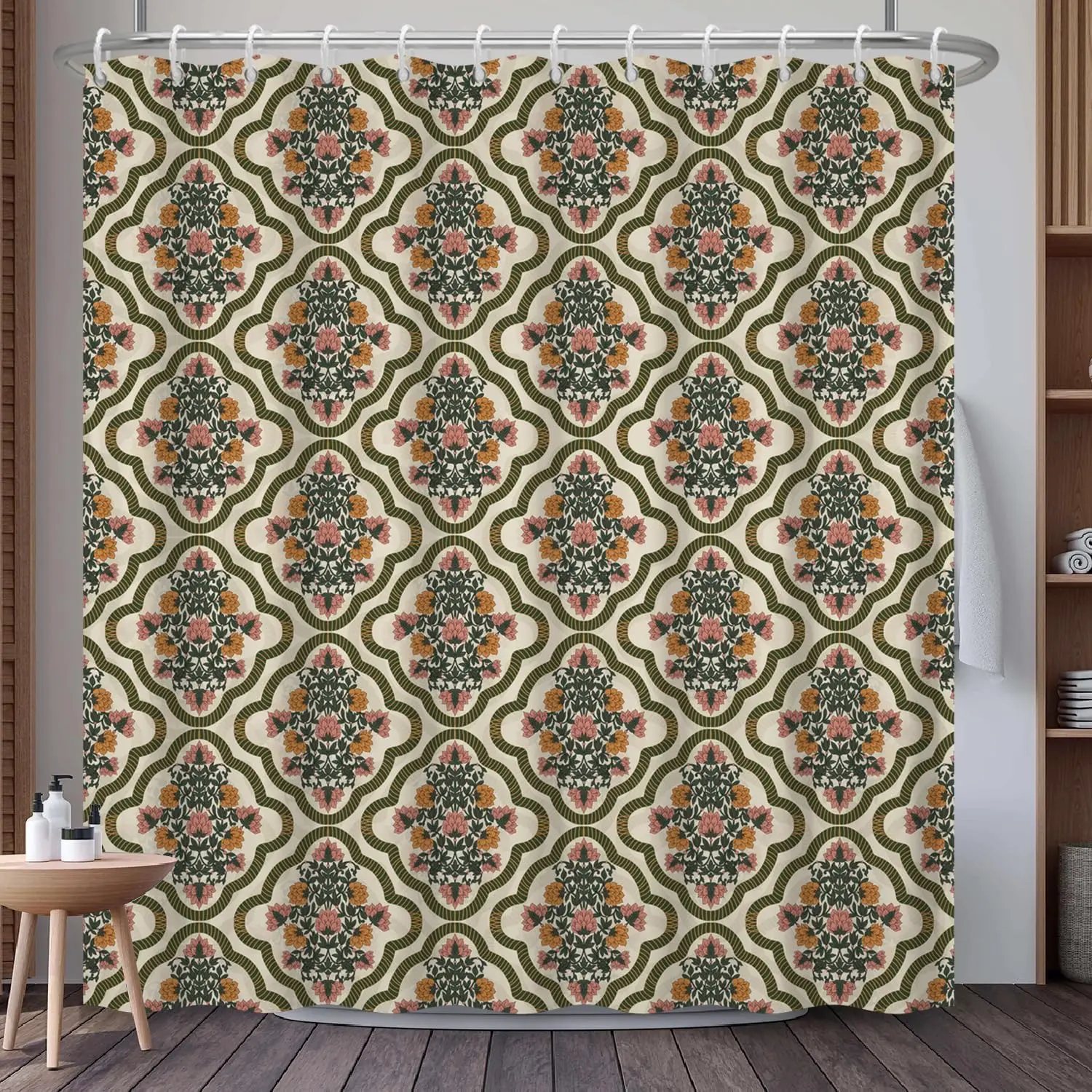 

Vintage Geometric Floral Shower Curtain Retro Pattern Bathroom Decor Boho Style Bath Curtain for Home Decoration