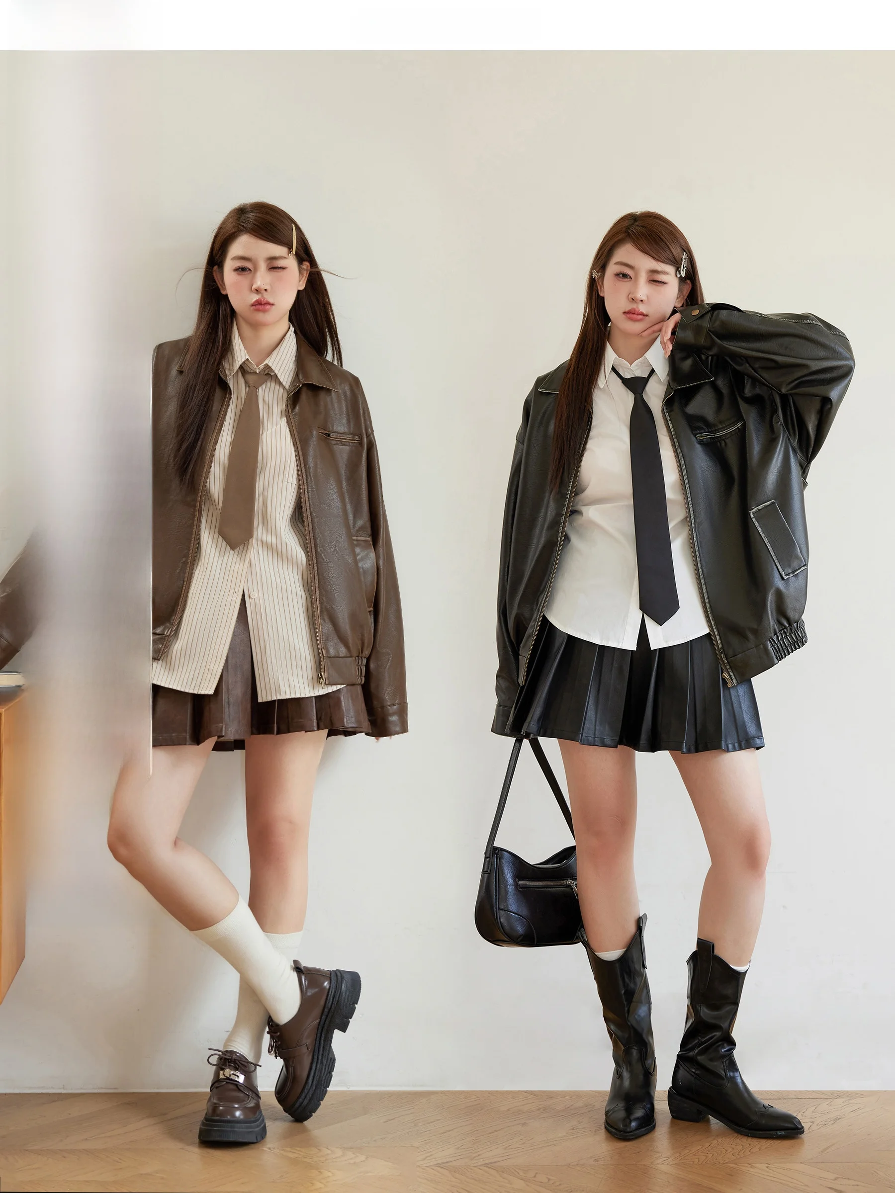 

Juxiu Studio Ретро Notting Hill Свободное крутое кожаное пальто-джат Плиссированная юбка Комплект для женщин больших размеров Осенний длинный све