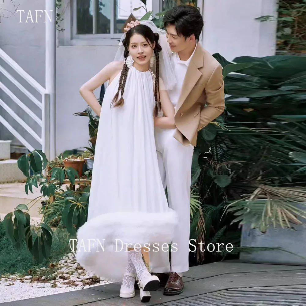 TAFN Couples Halter Korea Wedding Dress Simple Photography Trip Shoot Playful White Bridal Gown A-line Luxury Pleat Dress