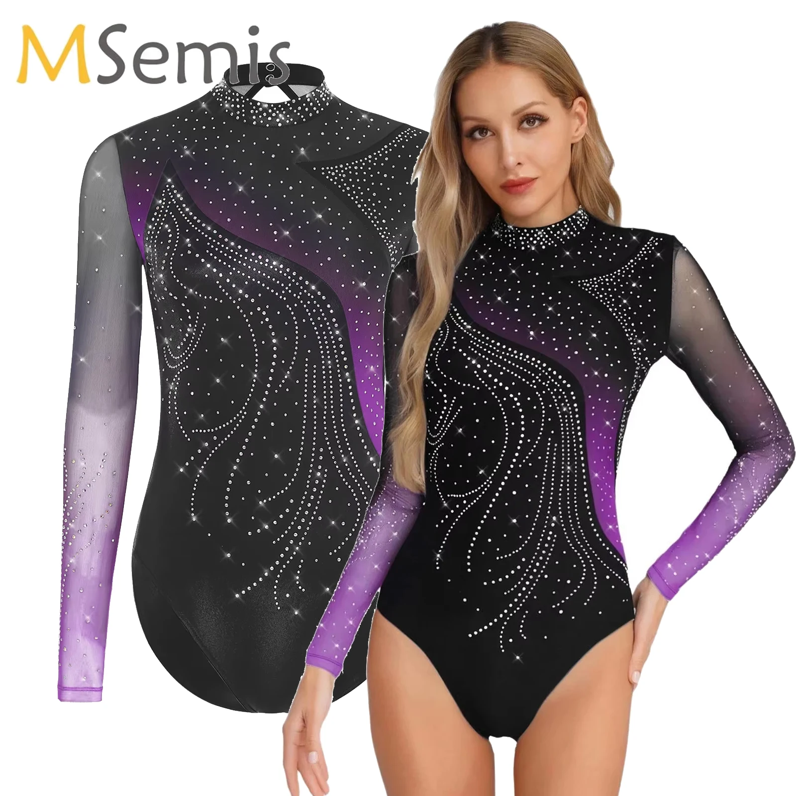 

Womens Figure Skating Leotard Ballet Dance Jersey Rhinestone Long Sleeve Hollow Out Bodysuit for Rhythmic Gymnastic Training
