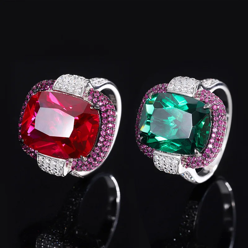 

S925 Silver Simulation Color Treasure Style Emerald Red Treasure Rectangular Luxury Set Closed Black Gold Plated Ring