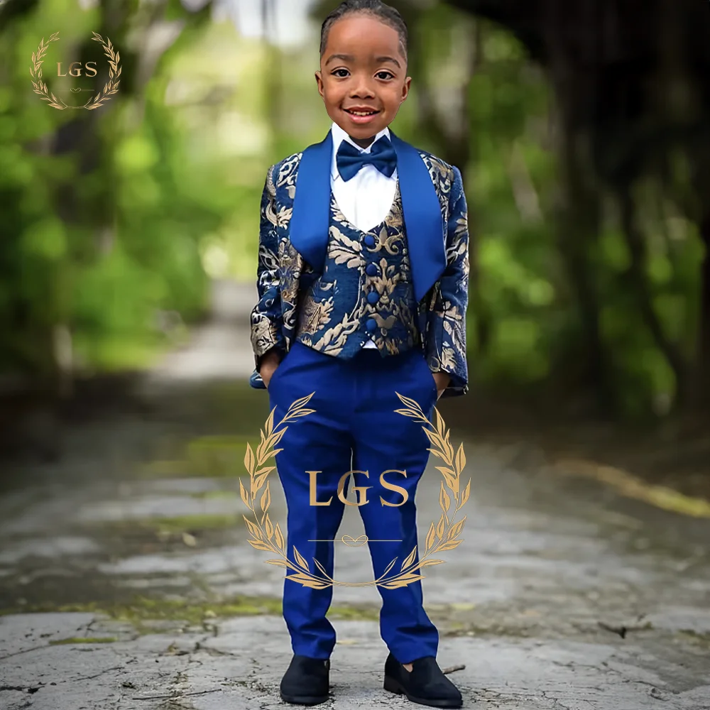 

Boys' Gold Pattern Suit 3-piece Set (Jacket + Vest + Trousers) Customized Birthday Wedding Party Formal Wear Tuxedo