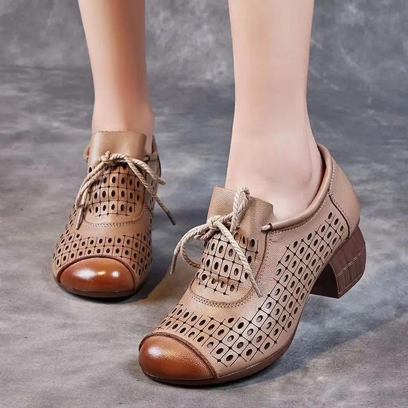 

Women's Genuine Leather Hollow Out Block Heel Shoes Spring Summer New Round Toe High Quality Lace Up Cave Sandals Commuter Shoe