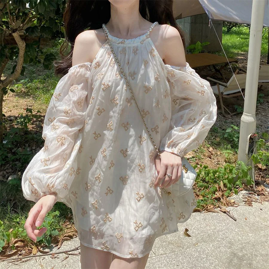 فساتين الصيف 2025 ملابس نسائية حلوة بأكمام طويلة بدون أكتاف فستان قصير أنيق بحمالة شفافة فساتين فضفاضة تصميم Fairycore