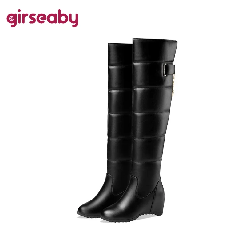 Girseaby Ladies Wedge Heel Over Knee Boots Slip On Hidden Heel Big Size 44 Party Warm Winter Plush Black F1291