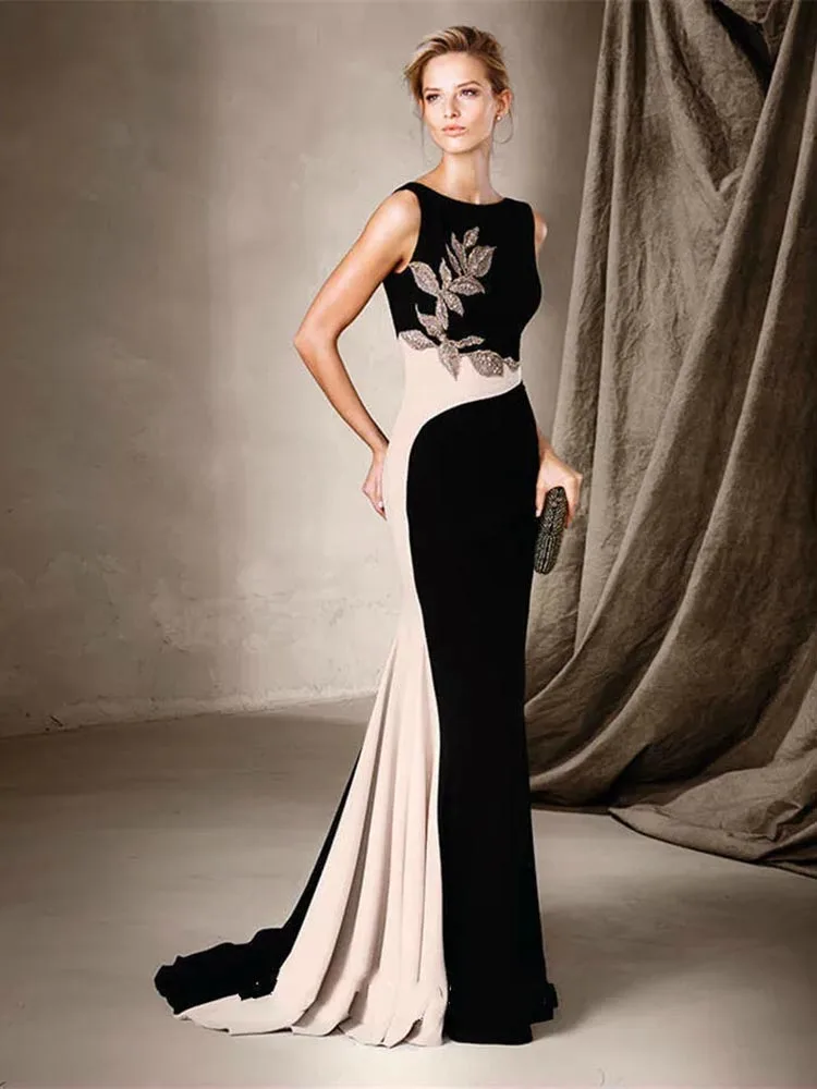 Robe sirène élégante avec perles noires pour la mère de la mariée, col bijou, occasion formelle, fête de mariage, 2023