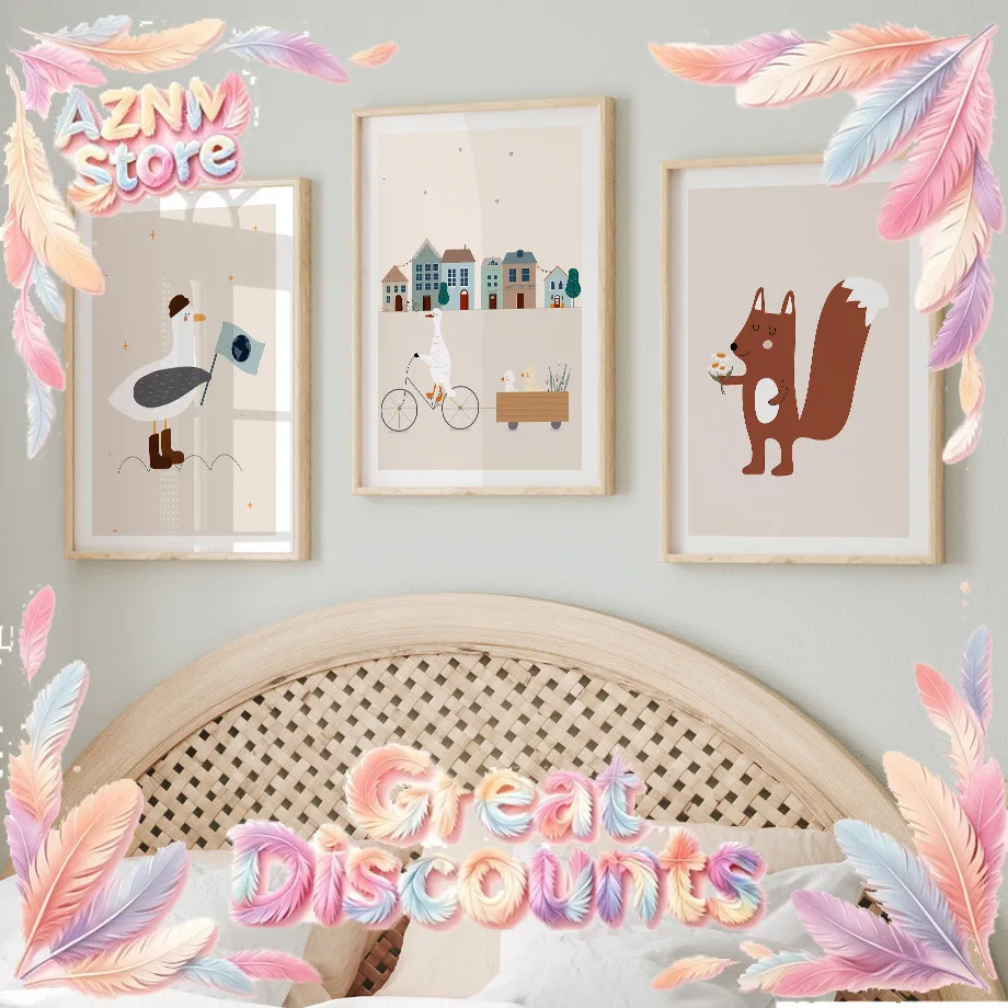 Tableau Mural en Toile Beige avec Animaux de Dessin Animé (Canard, Écureuil, Abeille) – Affiches et Impressions Kawaii pour Chambre de Bébé et Enfant