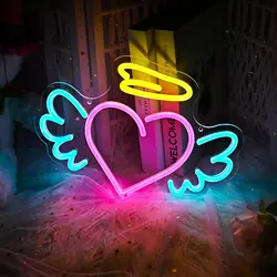Heart Neon Sign with Angel Wings LED Neon Light Sign Wall Decor for Girls Bedroom Man Cave Bar Birthday Party Gift for Friend