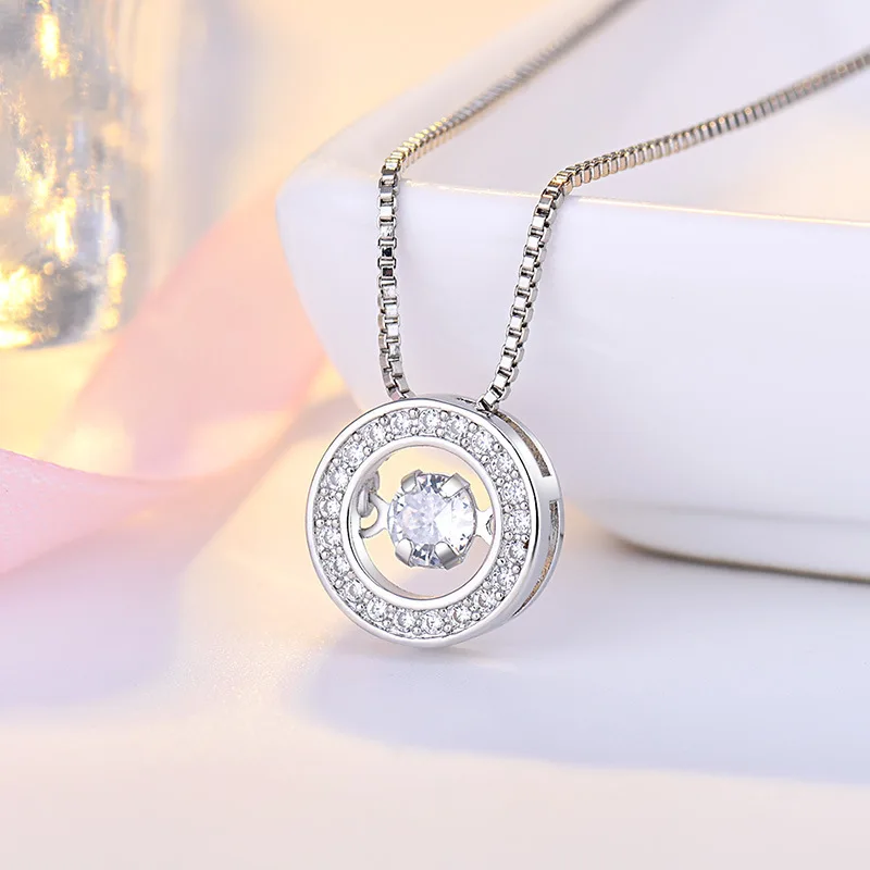 KOFSAC Trendy Dancing Stone Shiny Zircon Simple Round Pendant Lady Jewelry 925 Sterling Silver Necklaces For Women Birthday Gift