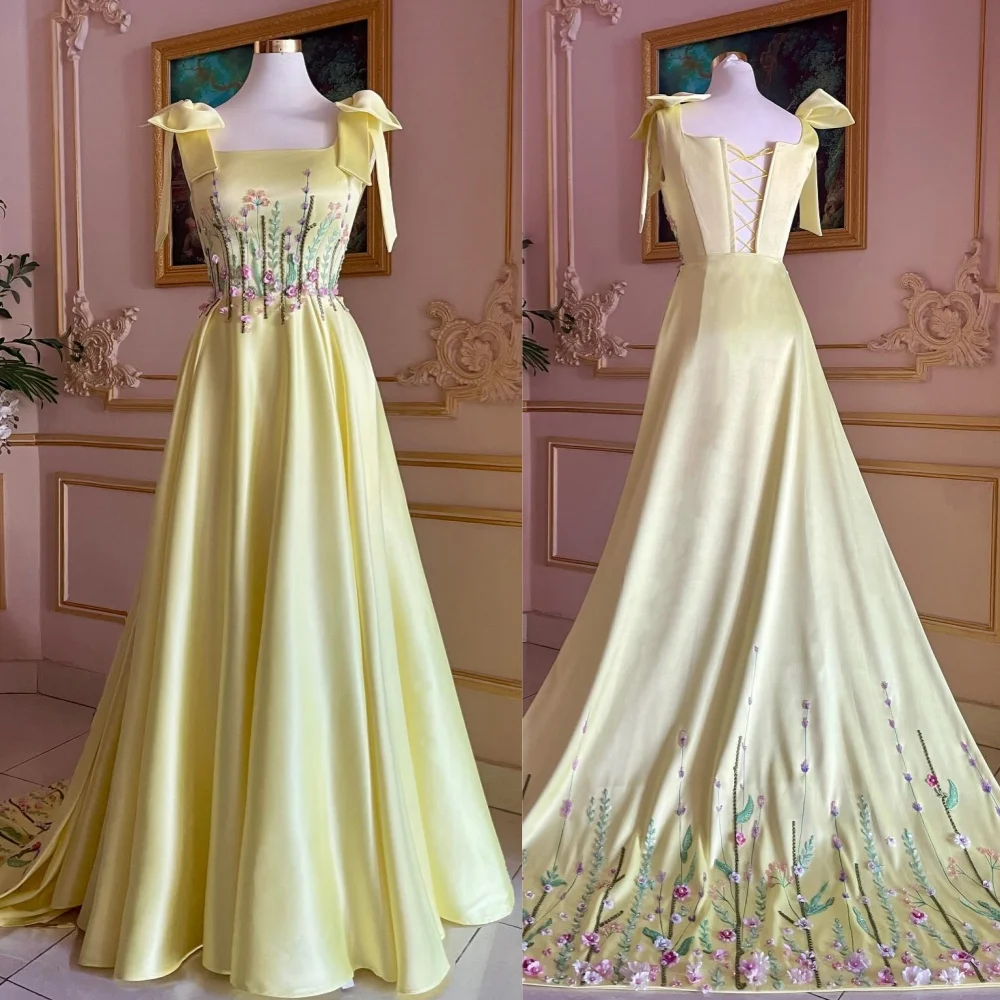 

Customized Evening Sexy Casual Satin Draped Pleat Embroidery Cocktail Party A-line Square Collar Bespoke Occasion Gown