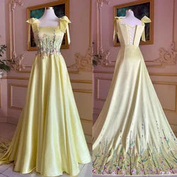 Customized Evening  Sexy Casual  Satin Draped Pleat Embroidery Cocktail Party A-line Square Collar Bespoke Occasion Gown