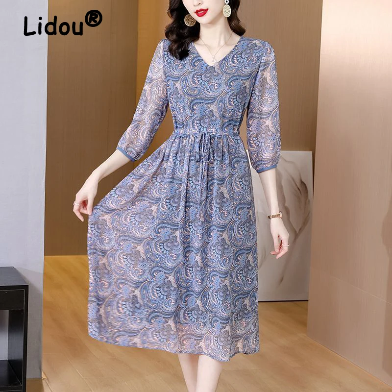 

Vintage Printed Lace Up High Waist Party Dresses for Women Spring Summer Fashion V Neck 3/4 Sleeve Midi Dress Elegante Vestidos