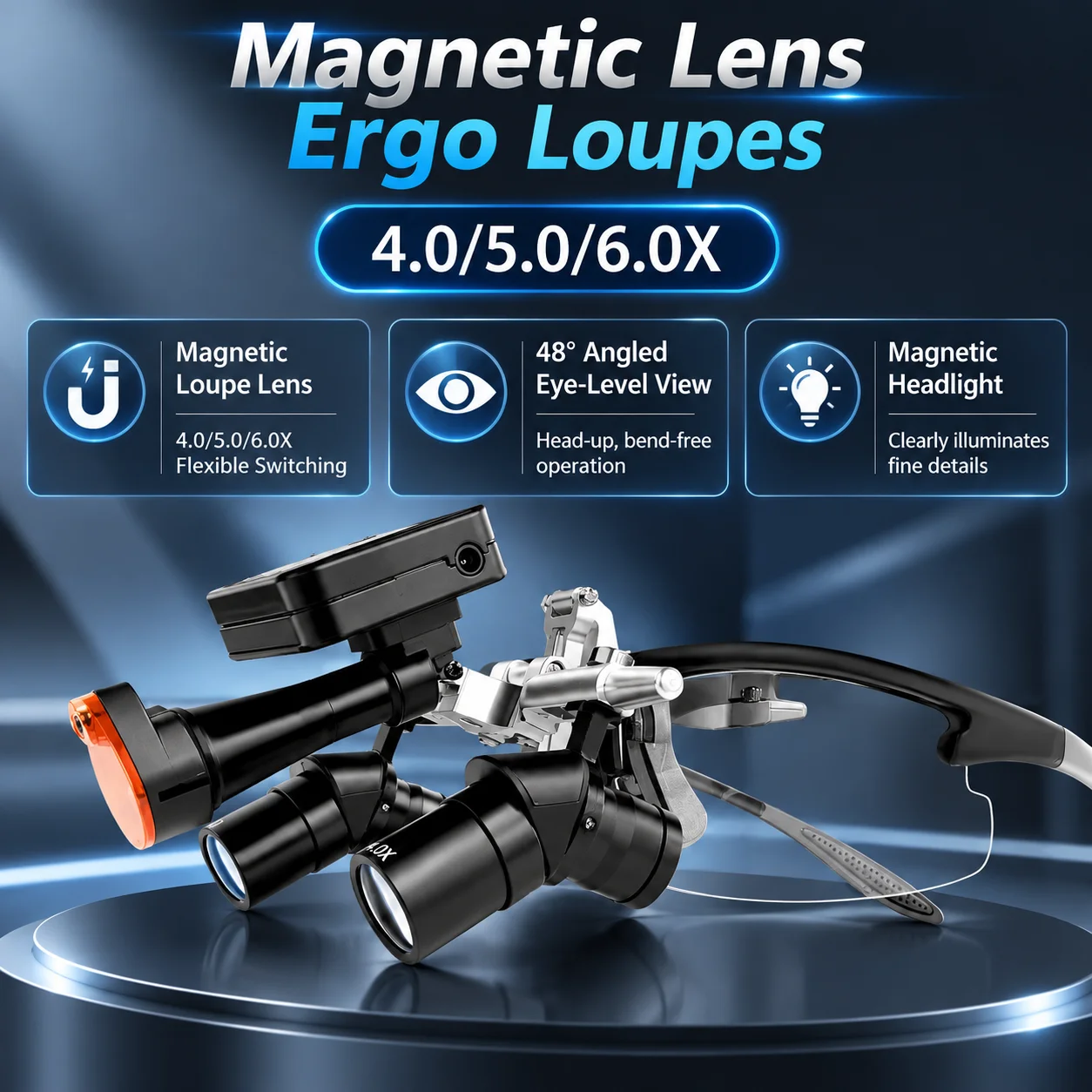 Dental Ergo Loupes 4X5X6X 48° Ergonomic Magnifier Swivel Magnifier with Magnetic Lens 5W LED Headlight Dentist Surgical Loupes