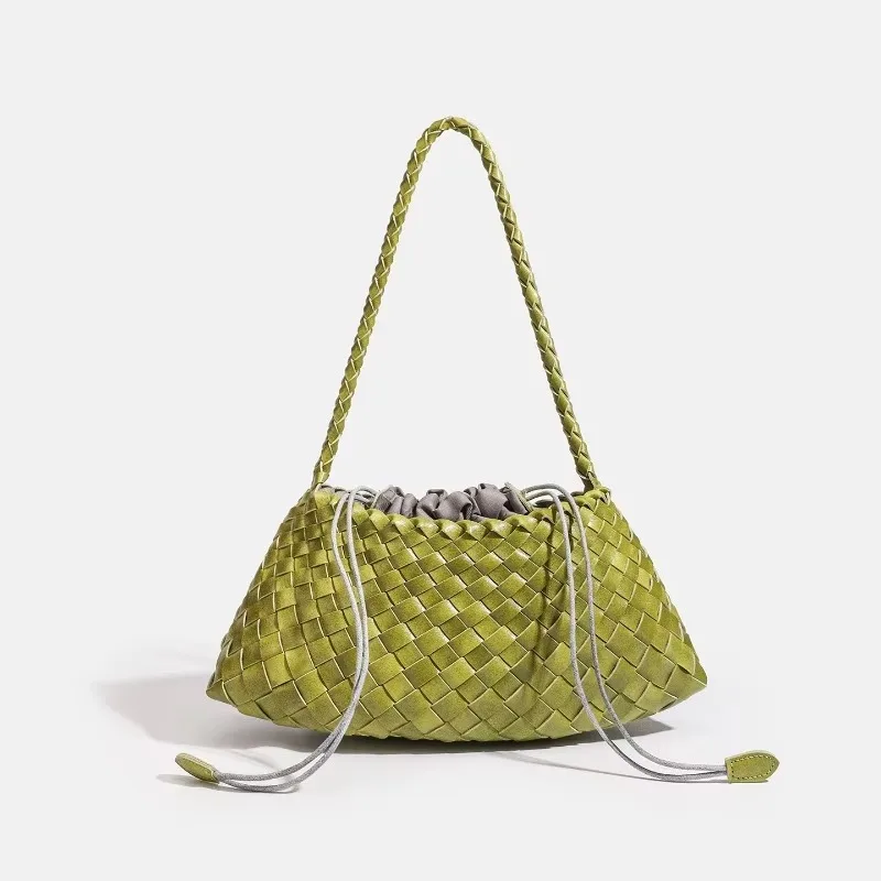 Luxury Soft Leather Handbag Handmade Intrecciato Woven Shoulder Armpit Bag Elegant Drawstring Tote Bag for Women Daily Dating