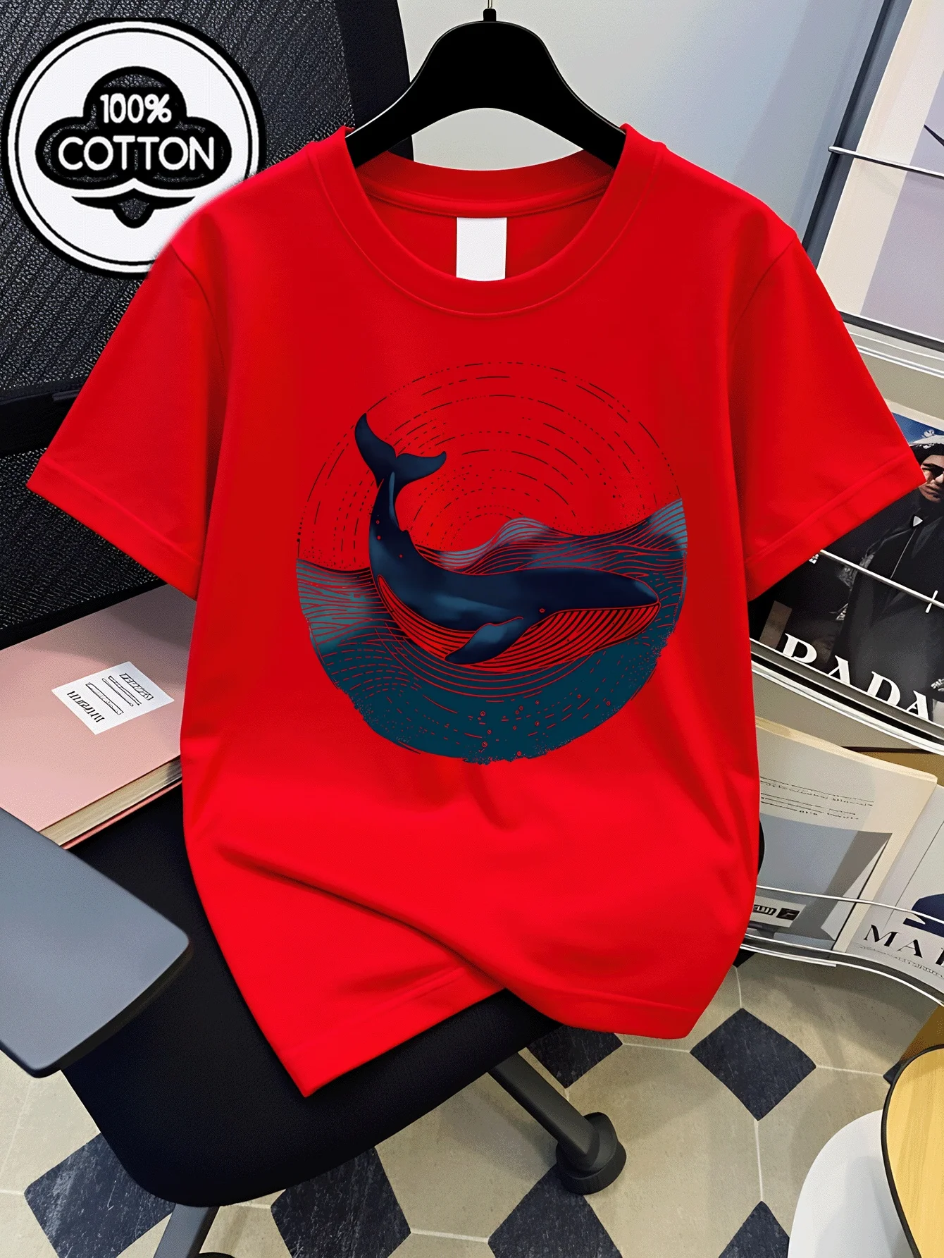 Whale Ocean Wave Sun Burst Pattern Art Printed T-shirt Design Breathable and Comfortable Round Neck Casual Yoga Top
