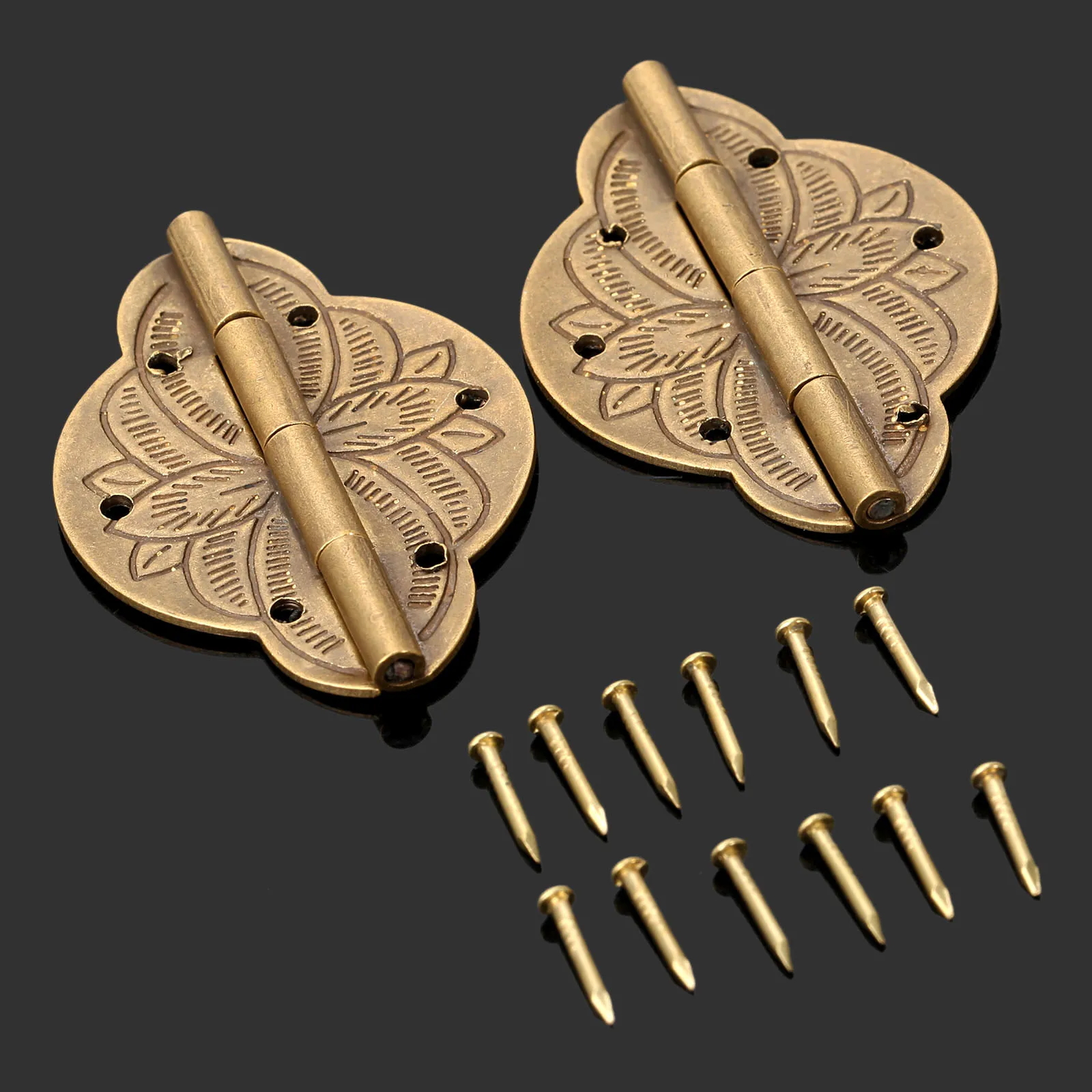 2Pcs Brass Hinges Wooden Jewelry Box Cabinet Cupboard Door Embossed Decorative Hinge Retro Vintage Chinese Furniture Hardware