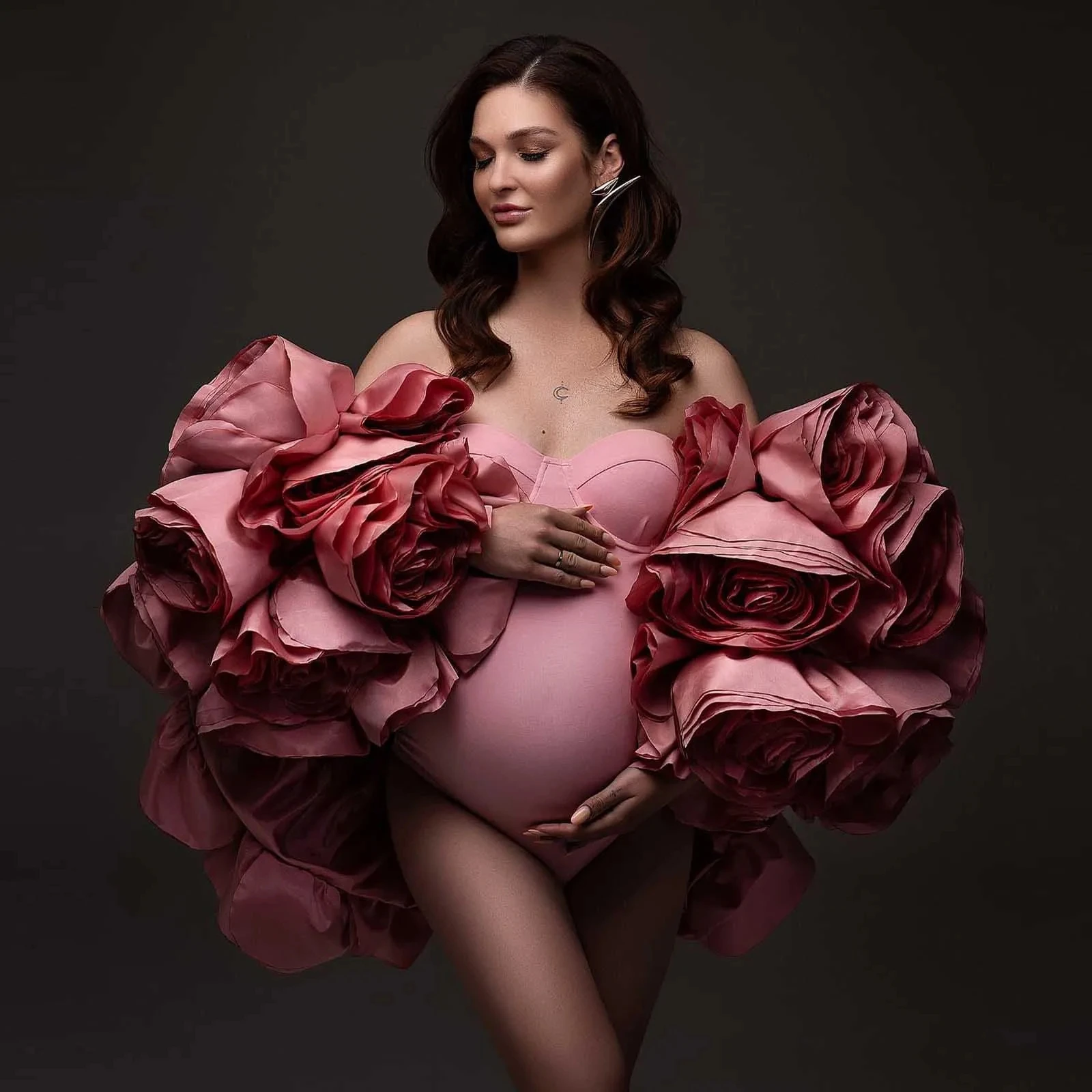 

Chic Off Shoulder Ruffles Maternity Cape Women Jacket Pink Floral Flowers Pregnant Shawl Tops Women Photo Shoot