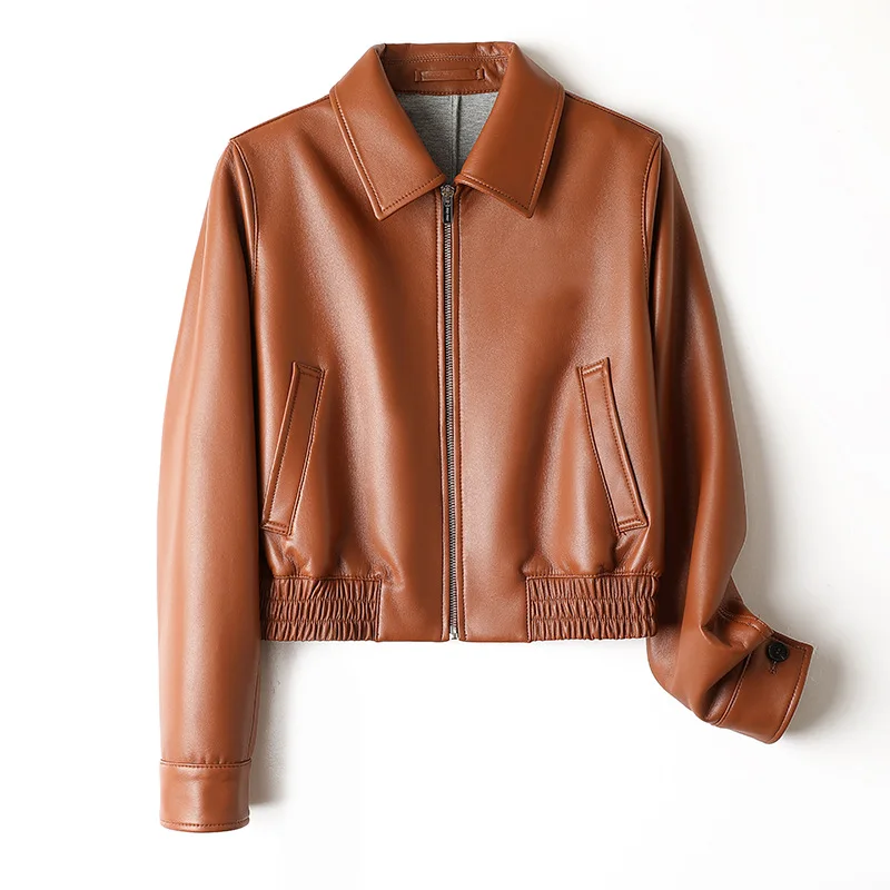 Mode Braun 100% Echtes Leder Jacken Frauen Herbst Winter Revers Zipper Kurze Schaffell Langarm Elastische Taille Jacke Mäntel