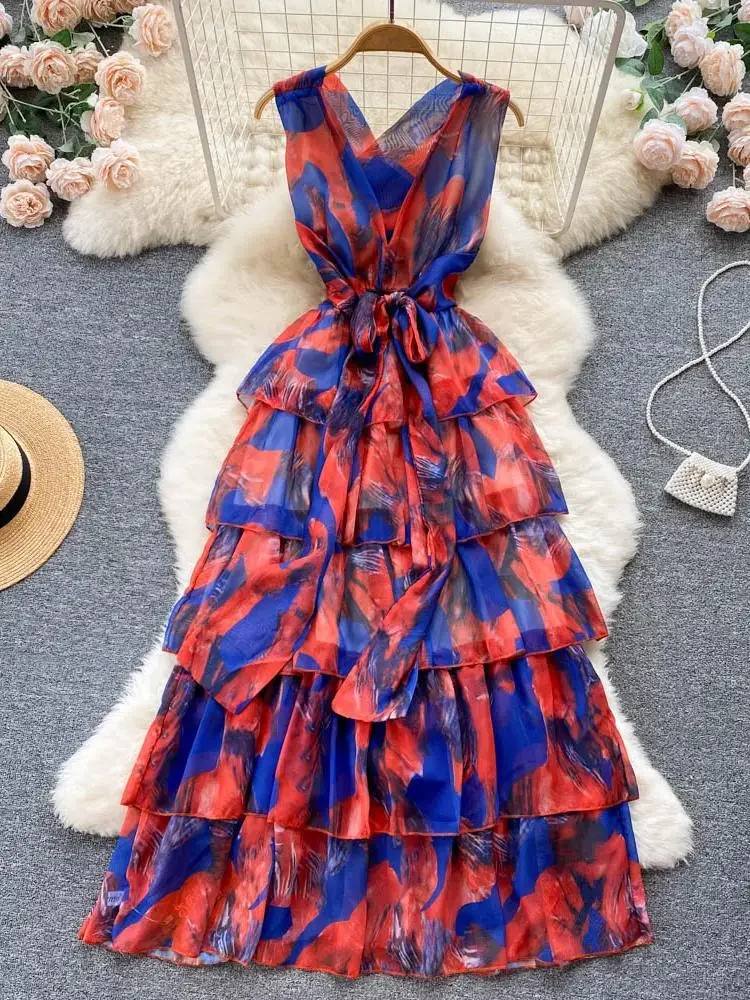 

Holiday Beach Print Long Dress Women Sexy V-neck Sleeveless Robe Cascading Ruffle Back Hollowed High Waist Bohemian Maxi Dress