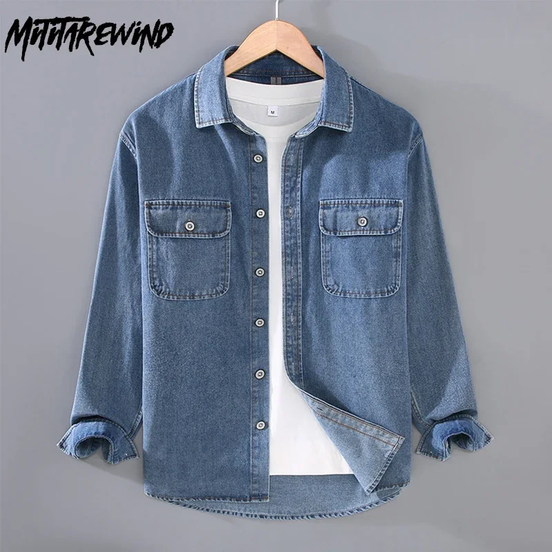 

American Retro Denim Shirt Men Casual Workwear Loose Shirts Double Pockets Long Sleeve Jean Shirts Male Streetwear Cowboy Tops