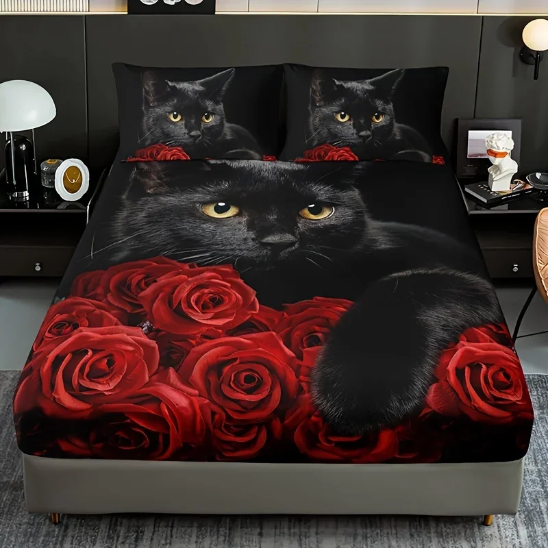Atmungsaktives Bettwäsche-Set mit schwarzen Katzen und roten Rosen, Kissenbezüge aus Polyester mit Tiermuster, Spannbettlaken und Kissenbezügen