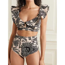 Women's Swimsuit Fashion Backless Two Piece Bathing Suit Summer High Waist Lace Up Beachwear Sexy Ruffle V Neck Beach Bikini