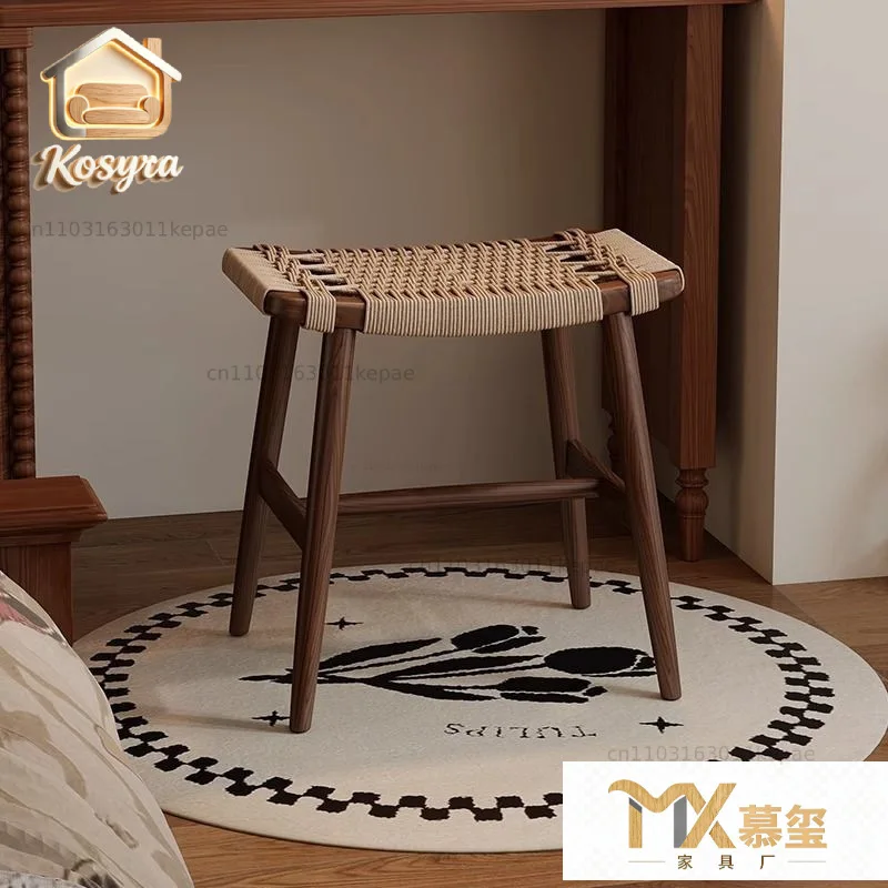 Medieval solid wood makeup stool household girls bedroom dresser retro dressing chair rope woven stool woven shoe changing stool
