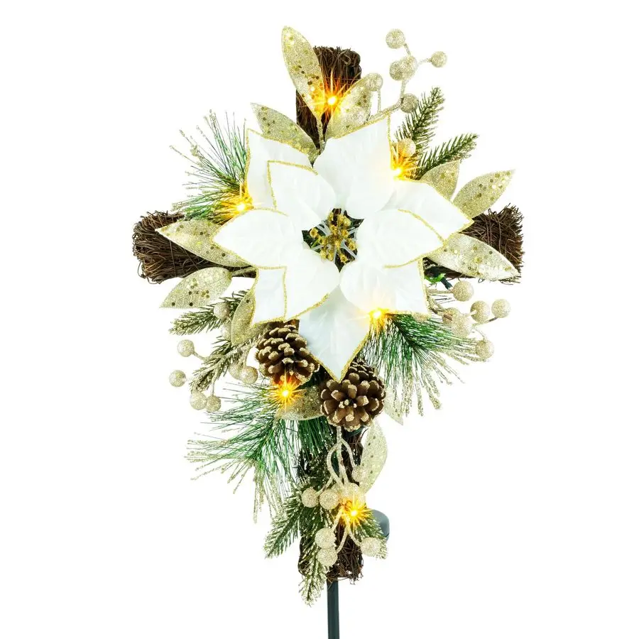 

36 Christmas Cross Stake, Solar Powered with 15 Fairy Lights, Metal Cross, Natural Rattan, GoldRimmed White Poinsettia, Gilded L