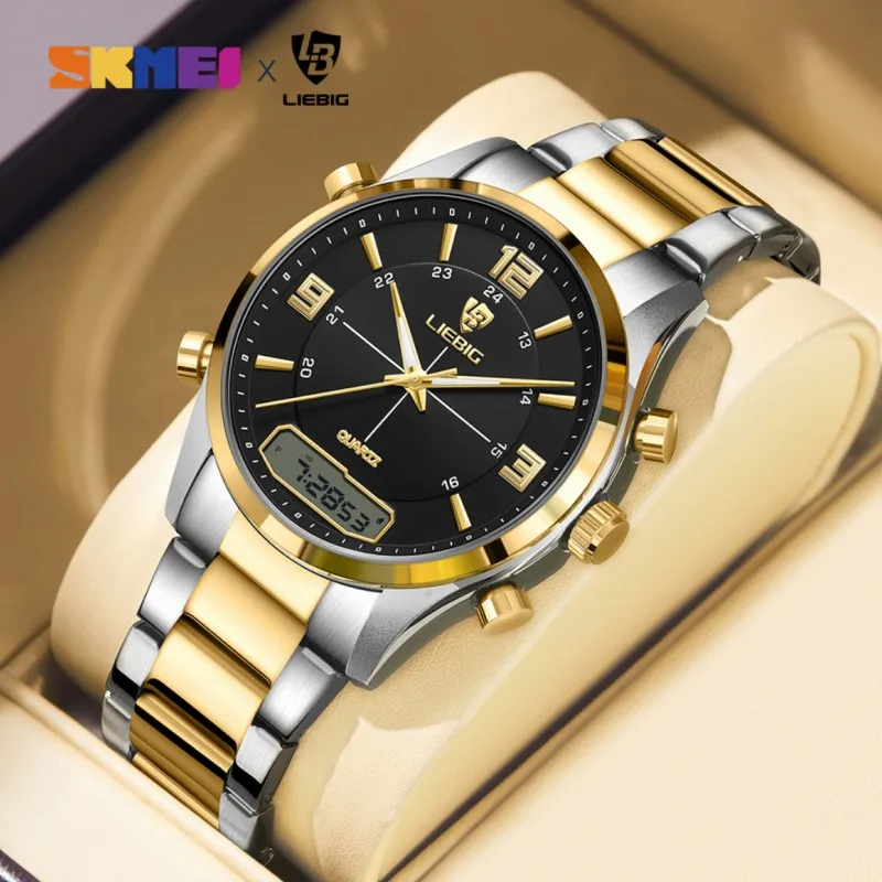 Fashion Casual Watch Men Digital Dual Time Week Gold Back Light Sport 3bar Waterproof Quartz Wristwatches Clock relogio masculin