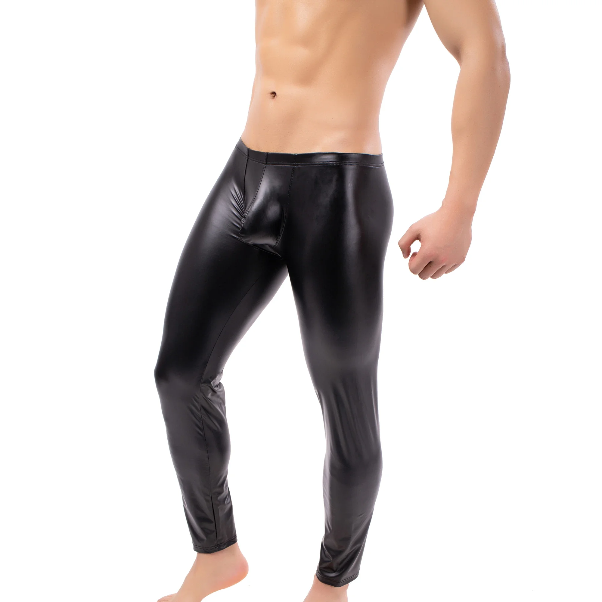 Sexy Mens PU Leather Legging Wet Look Skinny Pouch Pants Trousers Black Shinny Pencil Pants Nightclub Party Tight Exotic Costume