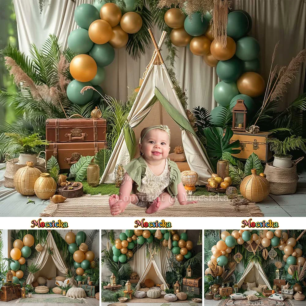 

Photography Background for Studio Safari Baby Show Home Backdrop Photobooth Tropical Tent Green Balloon Boho Birthday Decoration